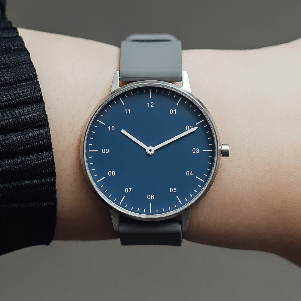 B40 Watch, Silver Case, Classic Blue Dial, Rubber Strap - Gray