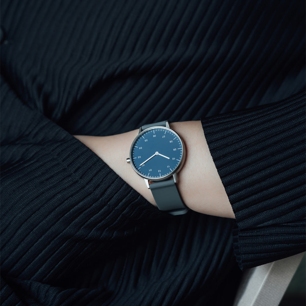 B40 Watch, Silver Case, Classic Blue Dial, Rubber Strap - Gray