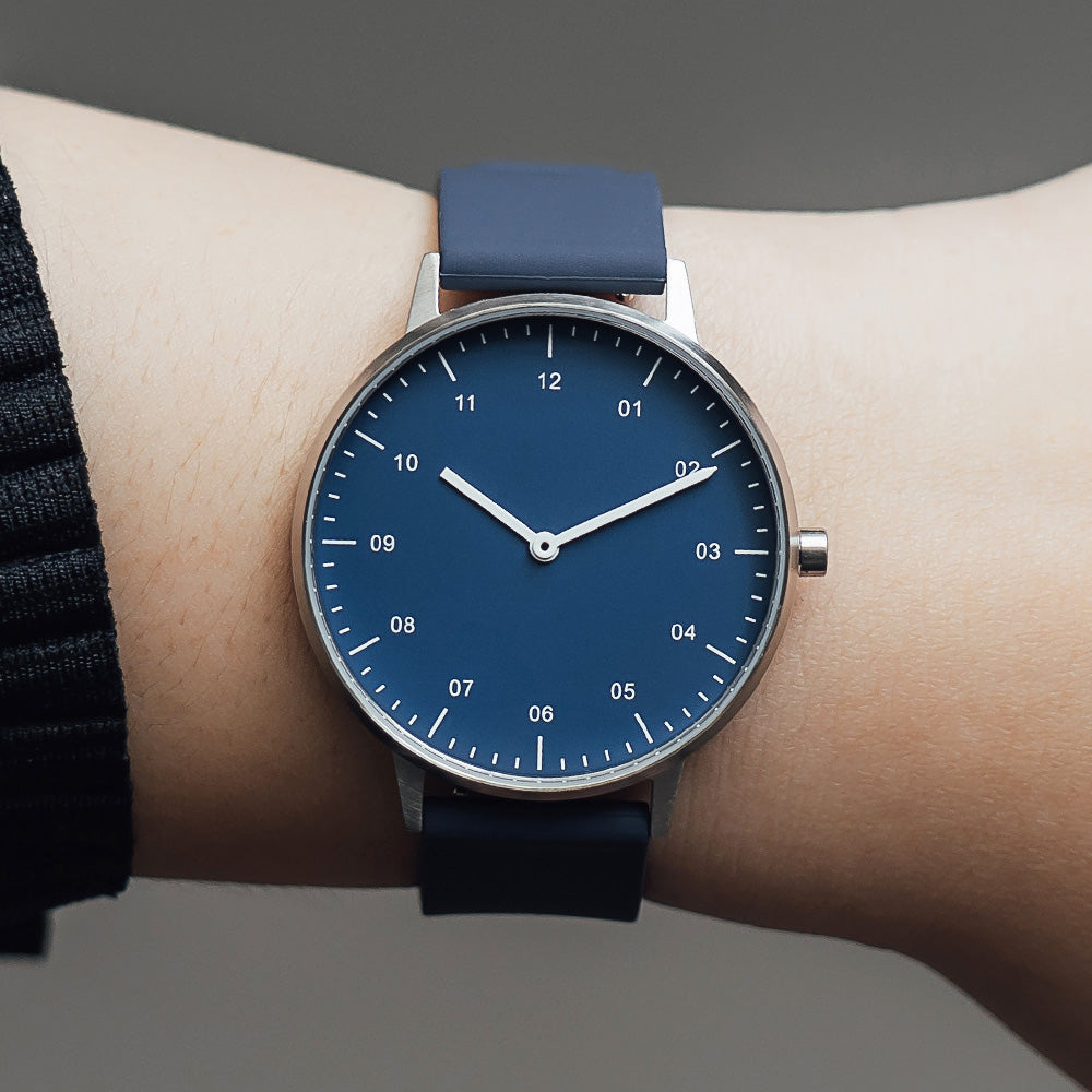 B40 Watch, Silver Case, Classic Blue Dial, Rubber Strap - Midnight Blue