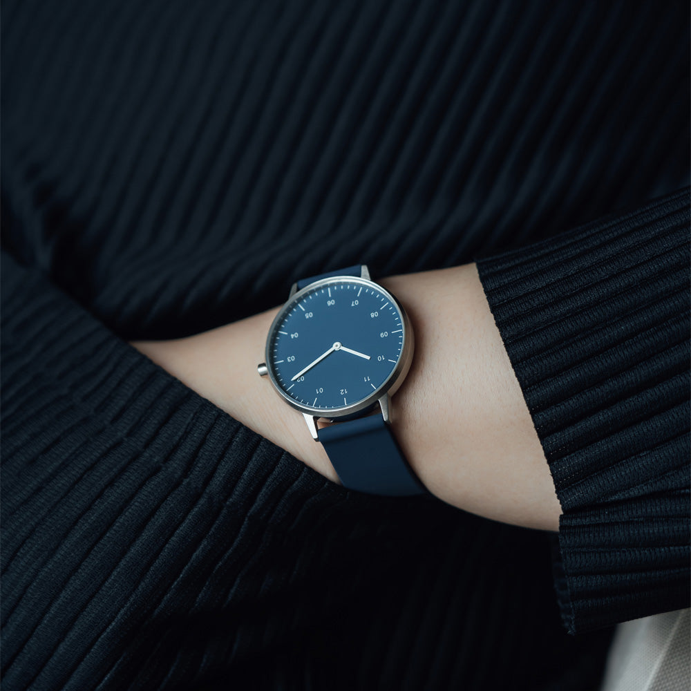 B40 Watch, Silver Case, Classic Blue Dial, Rubber Strap - Midnight Blue