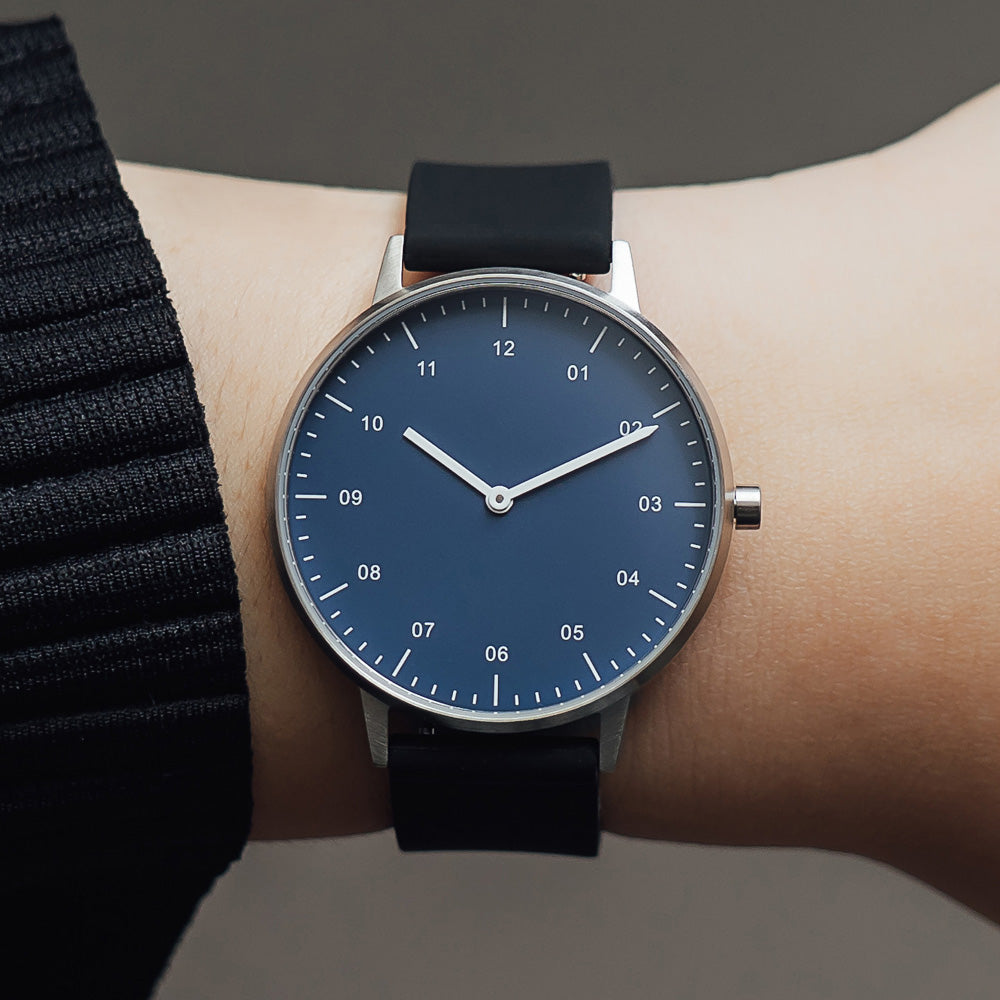 B40 Watch, Silver Case, Classic Blue Dial, Rubber Strap - Black