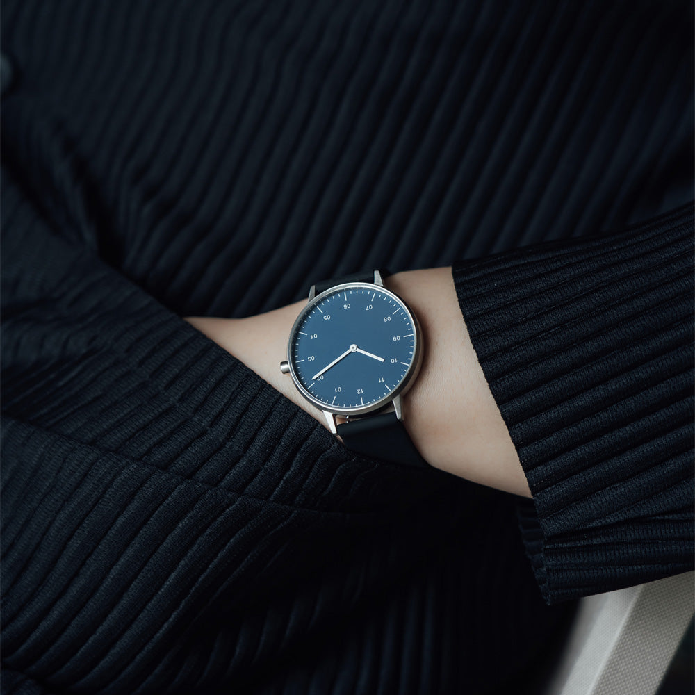 B40 Watch, Silver Case, Classic Blue Dial, Rubber Strap - Black