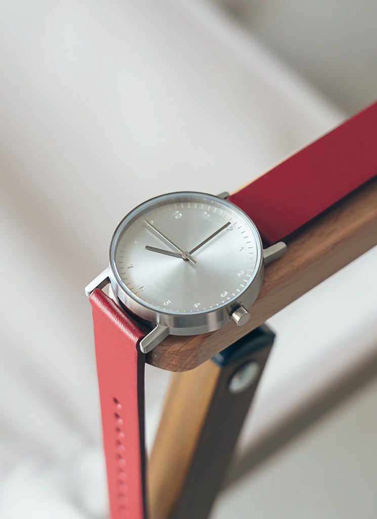 B60 Watch, Silver Case, silver Dial, Leather Strap - Red
