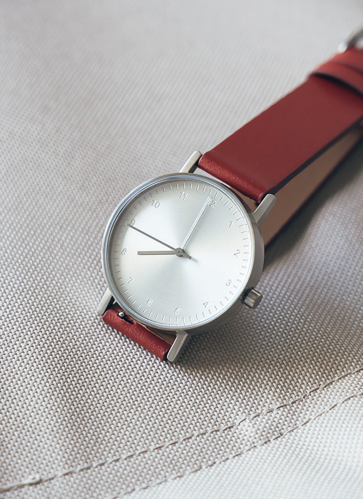 B60 Watch, Silver Case, silver Dial, Leather Strap - Red