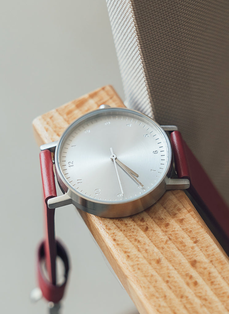 B60 Watch, Silver Case, silver Dial, Leather Strap - Red