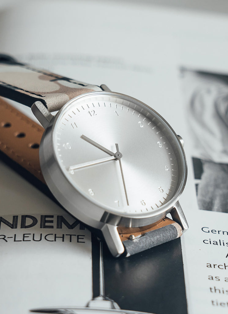 B60 Watch, Silver Case, silver Dial, Leather Strap - Camouflage Khaki