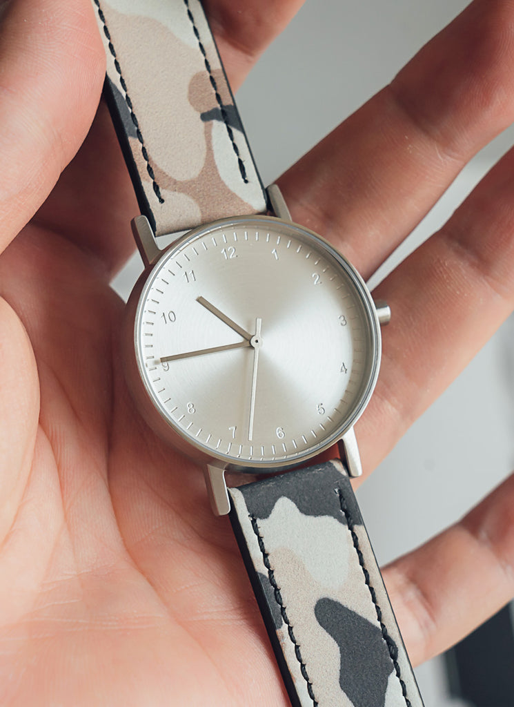 B60 Watch, Silver Case, silver Dial, Leather Strap - Camouflage Khaki