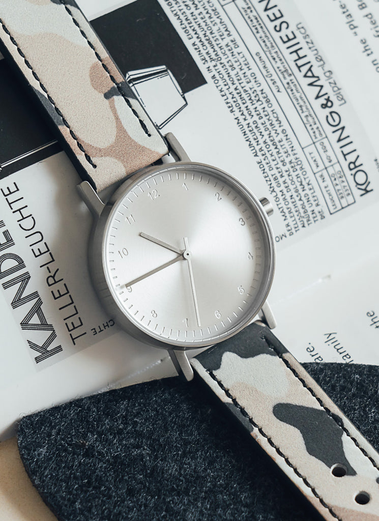 B60 Watch, Silver Case, silver Dial, Leather Strap - Camouflage Khaki