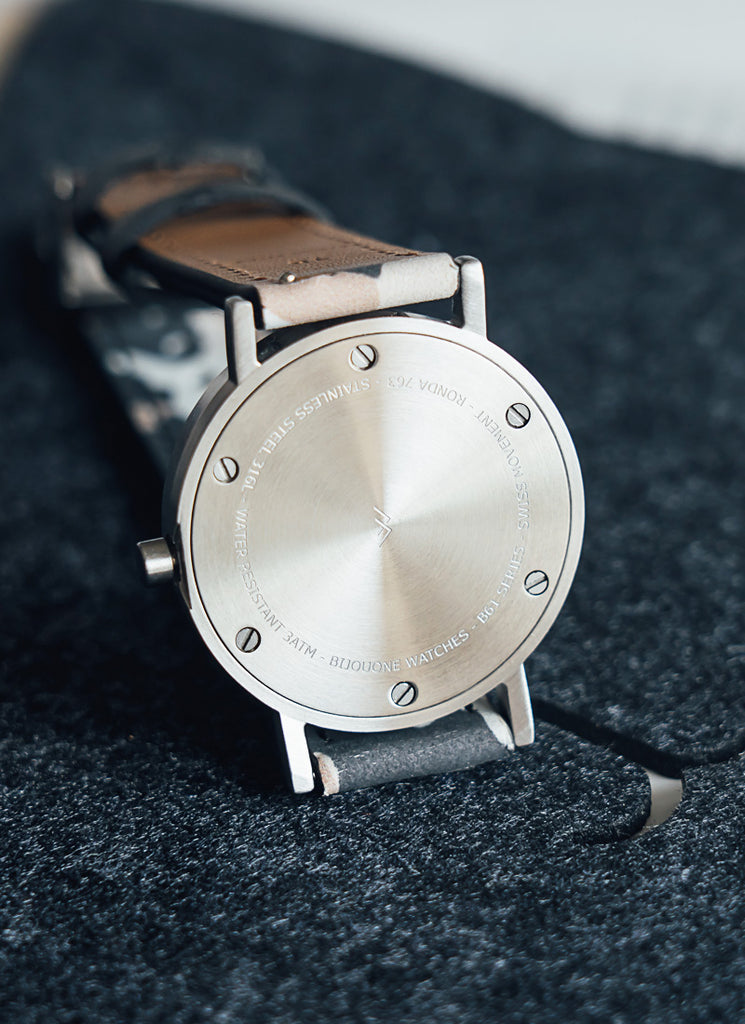 B60 Watch, Silver Case, silver Dial, Leather Strap - Camouflage Khaki