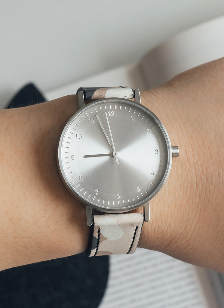 B60 Watch, Silver Case, silver Dial, Leather Strap - Camouflage Khaki