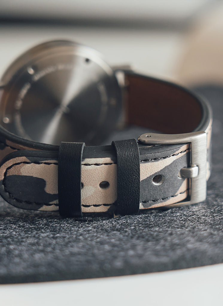 B60 Watch, Silver Case, silver Dial, Leather Strap - Camouflage Khaki