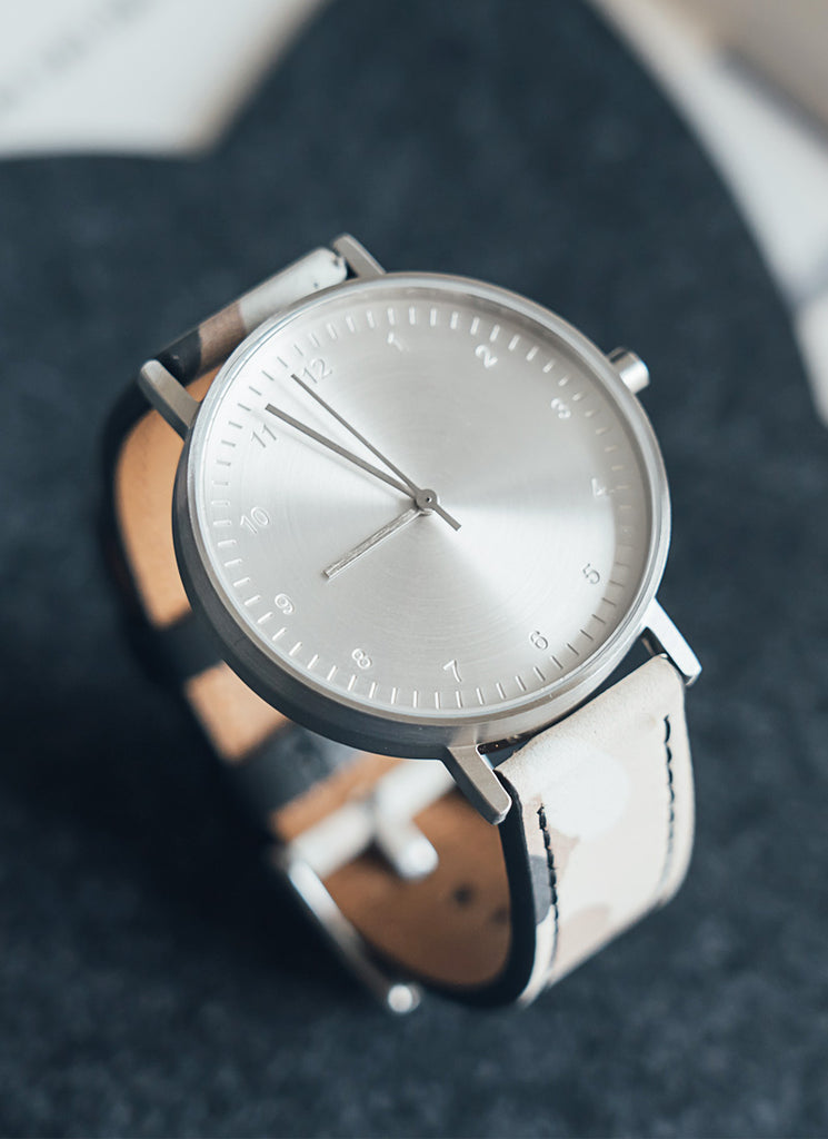 B60 Watch, Silver Case, silver Dial, Leather Strap - Camouflage Khaki