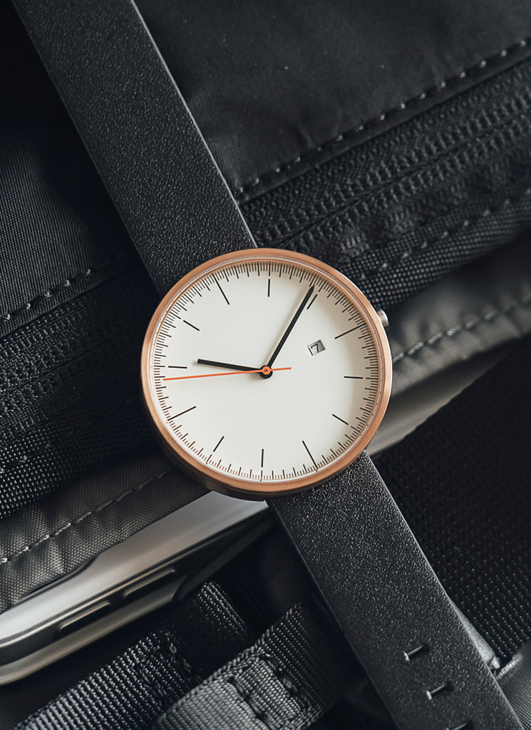 B202 Watch, Rose Gold Case, Off White Dial, Calendar, Leather Strap - Black