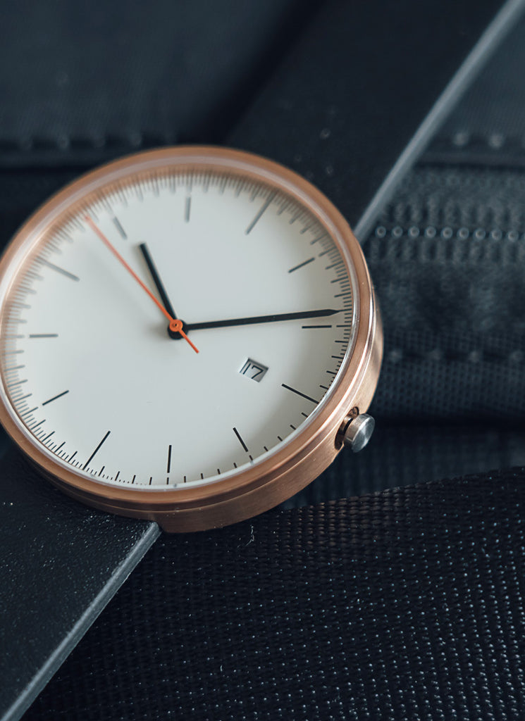 B202 Watch, Rose Gold Case, Off White Dial, Calendar, Leather Strap - Black