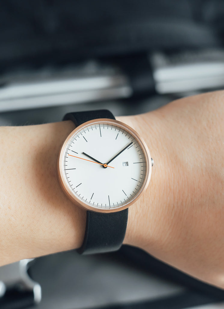 B202 Watch, Rose Gold Case, Off White Dial, Calendar, Leather Strap - Black