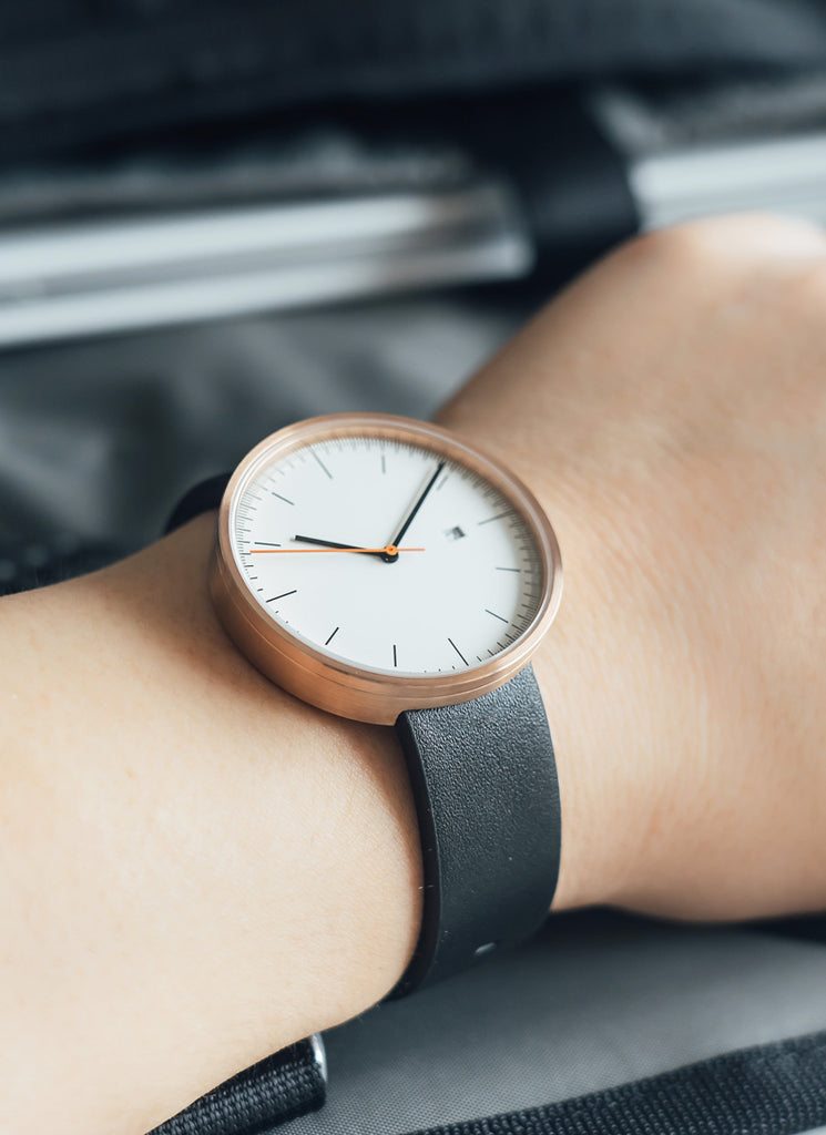 B202 Watch, Rose Gold Case, Off White Dial, Calendar, Leather Strap - Black