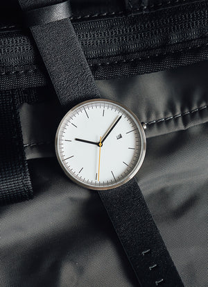 B202 Watch, Silver Case, White Dial, Calendar, Leather Strap - Black - BIJOUONE