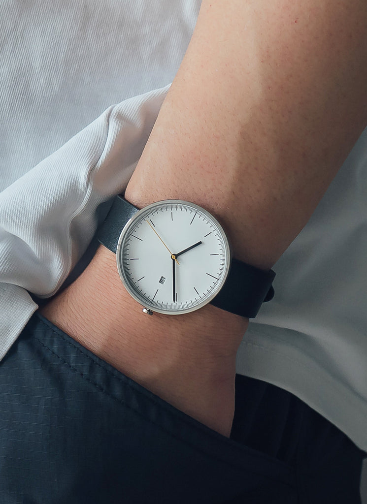 B202 Watch, Silver Case, White Dial, Calendar, Leather Strap - Black