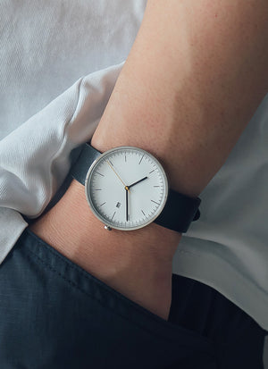 B202 Watch, Silver Case, White Dial, Calendar, Leather Strap - Black - BIJOUONE