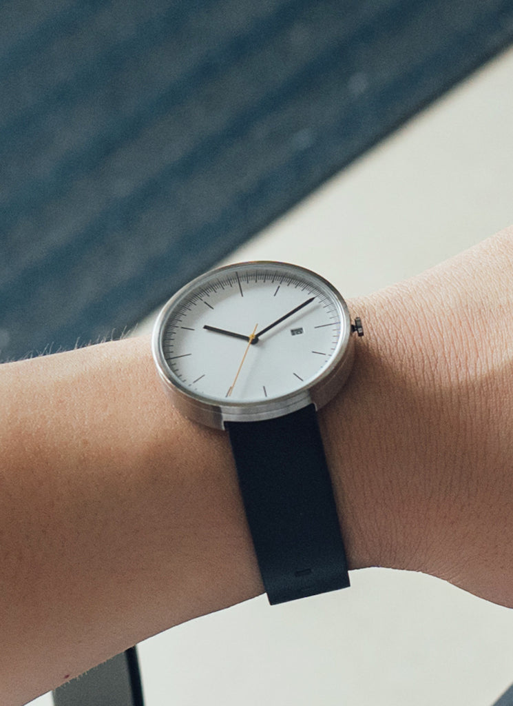 B202 Watch, Silver Case, White Dial, Calendar, Leather Strap - Black