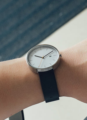 B202 Watch, Silver Case, White Dial, Calendar, Leather Strap - Black - BIJOUONE