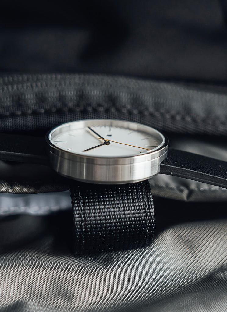 B202 Watch, Silver Case, White Dial, Calendar, Leather Strap - Black