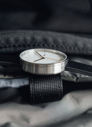 B202 Watch, Silver Case, White Dial, Calendar, Leather Strap - Black - BIJOUONE
