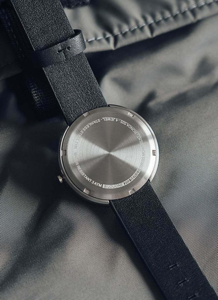 B202 Watch, Silver Case, White Dial, Calendar, Leather Strap - Black