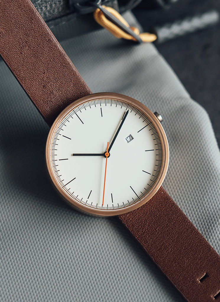 B202 Watch, Rose Gold Case, Off White Dial, Calendar, Leather Strap - Brown