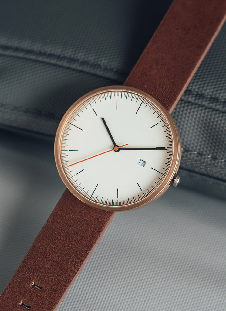 B202 Watch, Rose Gold Case, Off White Dial, Calendar, Leather Strap - Brown