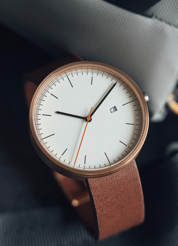 B202 Watch, Rose Gold Case, Off White Dial, Calendar, Leather Strap - Brown