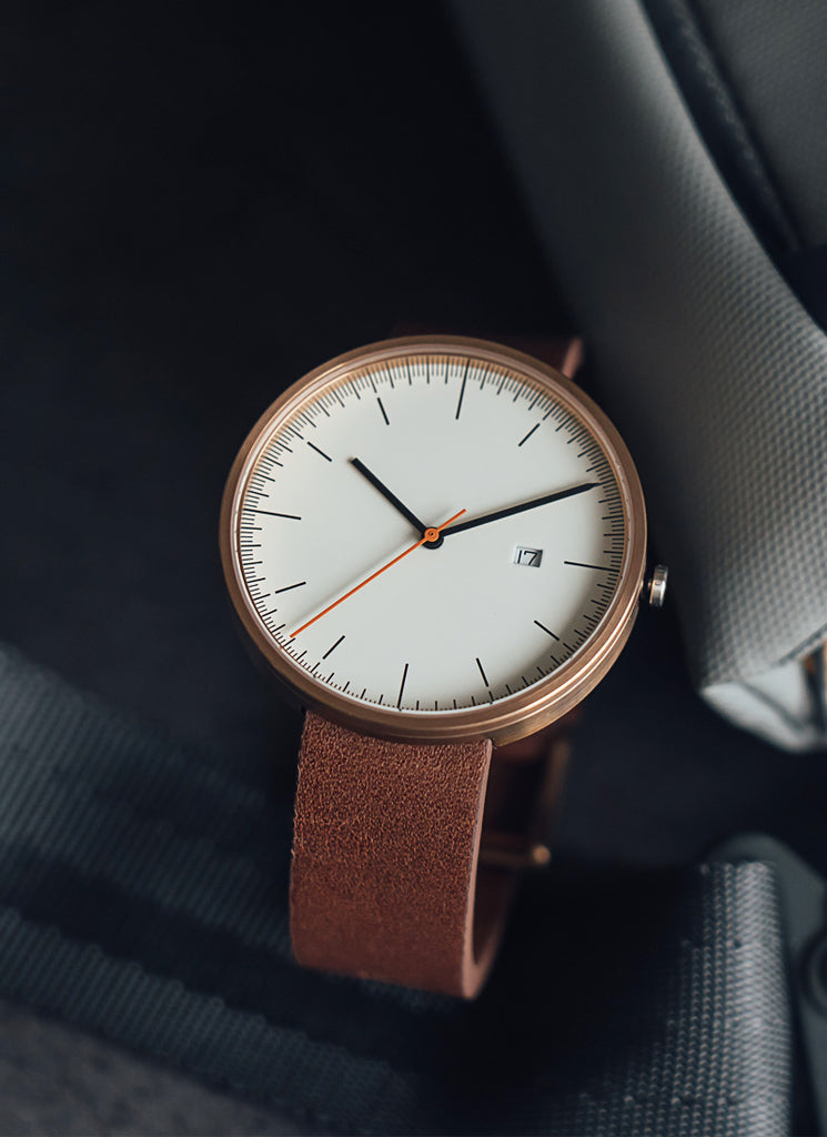 B202 Watch, Rose Gold Case, Off White Dial, Calendar, Leather Strap - Brown
