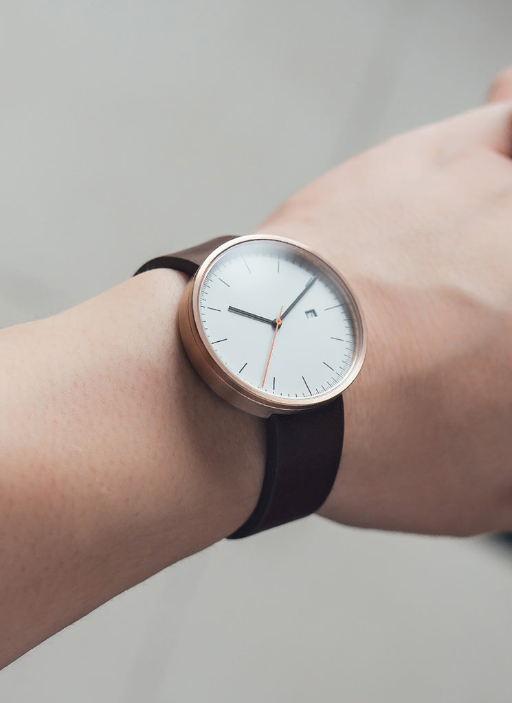 B202 Watch, Rose Gold Case, Off White Dial, Calendar, Leather Strap - Brown