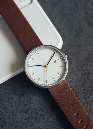 B202 Watch, Silver Case, White Dial, Calendar, Leather Strap - Brown - BIJOUONE