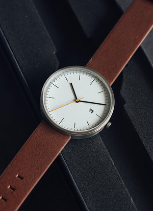 B202 Watch, Silver Case, White Dial, Calendar, Leather Strap - Brown - BIJOUONE