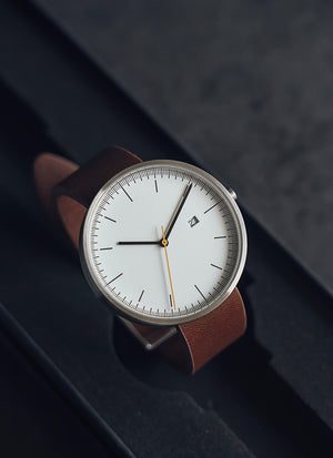 B202 Watch, Silver Case, White Dial, Calendar, Leather Strap - Brown - BIJOUONE