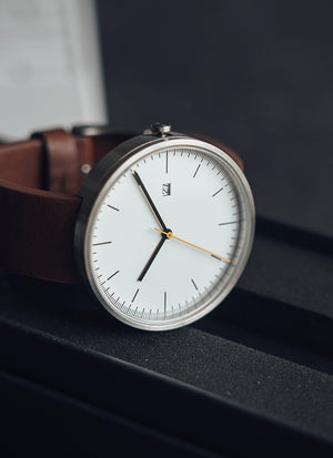 B202 Watch, Silver Case, White Dial, Calendar, Leather Strap - Brown - BIJOUONE