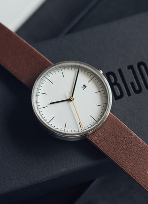 B202 Watch, Silver Case, White Dial, Calendar, Leather Strap - Brown - BIJOUONE