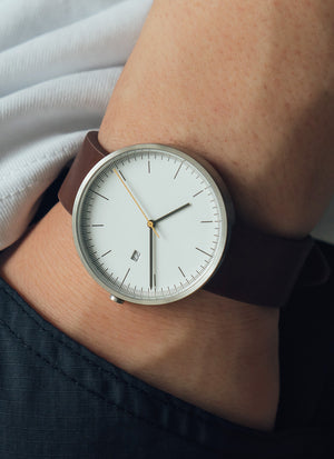 B202 Watch, Silver Case, White Dial, Calendar, Leather Strap - Brown - BIJOUONE