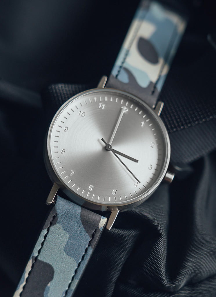 B60 Watch, Silver Case, silver Dial, Leather Strap - Camouflage Blue