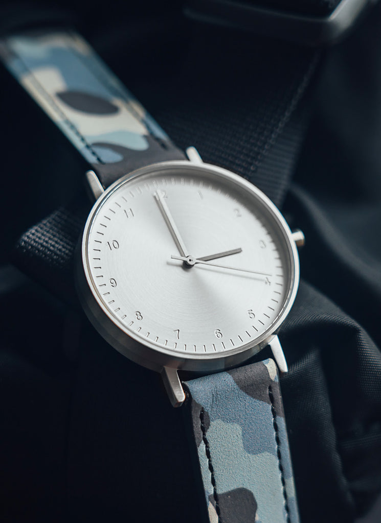 B60 Watch, Silver Case, silver Dial, Leather Strap - Camouflage Blue