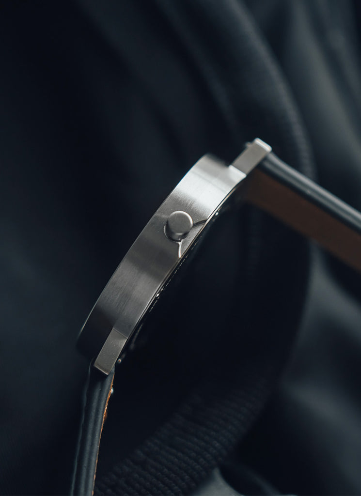 B60 Watch, Silver Case, silver Dial, Leather Strap - Camouflage Blue