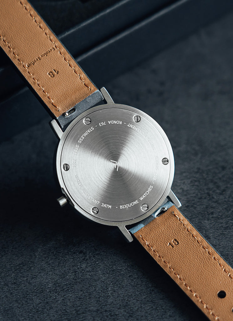 B60 Watch, Silver Case, silver Dial, Leather Strap - Camouflage Blue