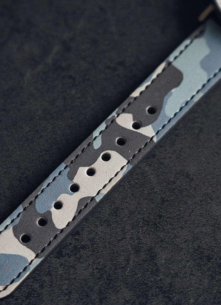 B60 Watch, Silver Case, silver Dial, Leather Strap - Camouflage Blue