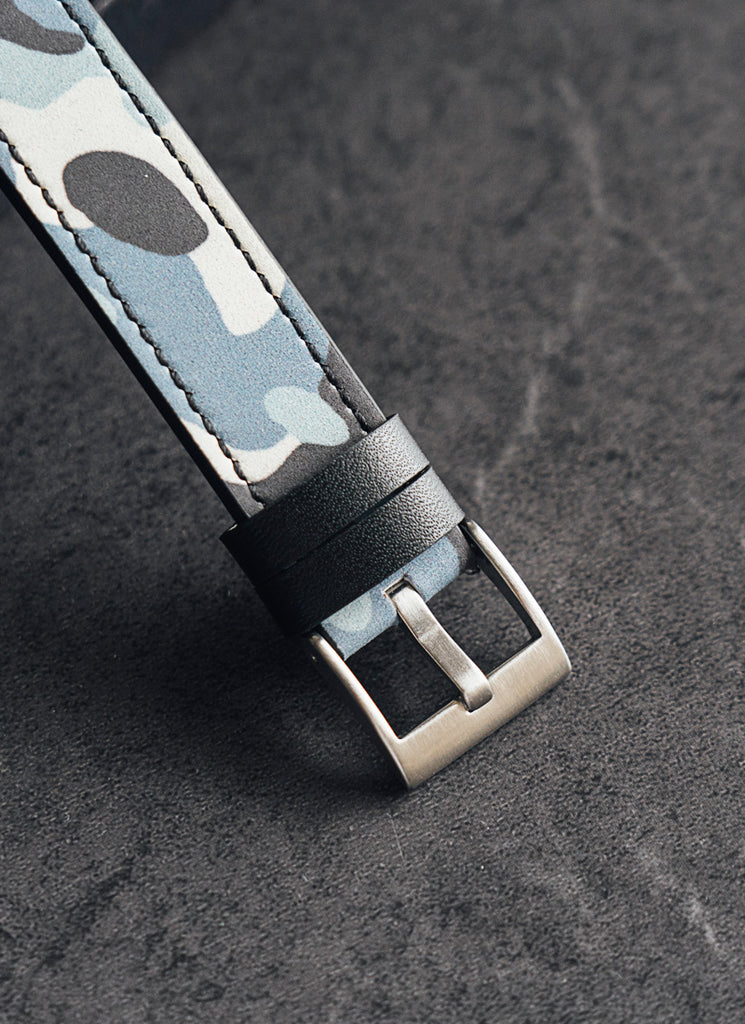 B60 Watch, Silver Case, silver Dial, Leather Strap - Camouflage Blue