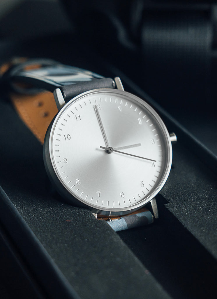 B60 Watch, Silver Case, silver Dial, Leather Strap - Camouflage Blue