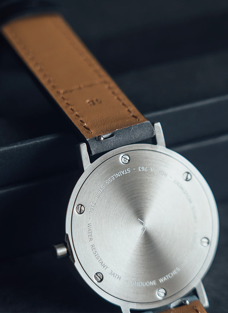 B60 Watch, Silver Case, silver Dial, Leather Strap - Camouflage Blue