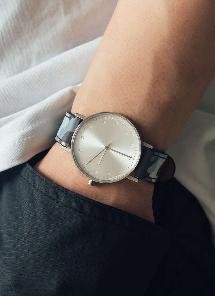 B60 Watch, Silver Case, silver Dial, Leather Strap - Camouflage Blue