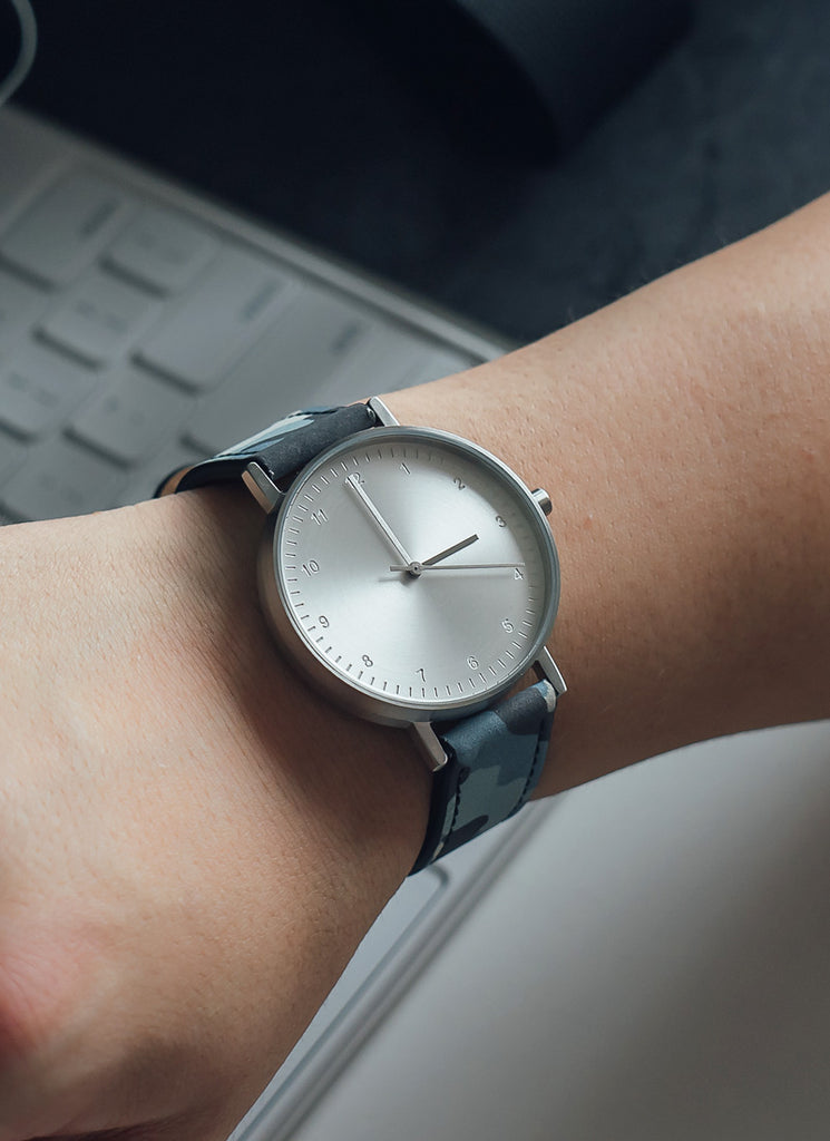 B60 Watch, Silver Case, silver Dial, Leather Strap - Camouflage Blue