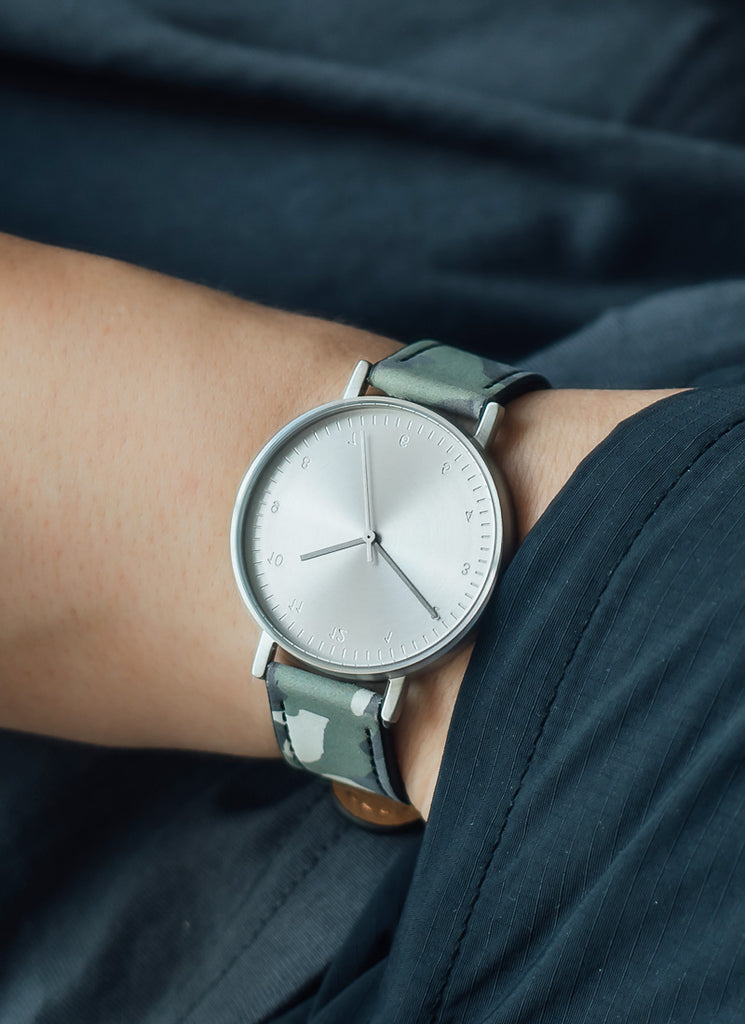 B60 Watch, Silver Case, silver Dial, Leather Strap - Camouflage Green